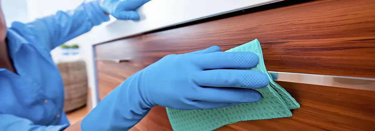 Cleaner wearing blue gloves wiping a wooden cabinet drawer with a microfiber cloth for dust and grime removal, Springfield, MO.