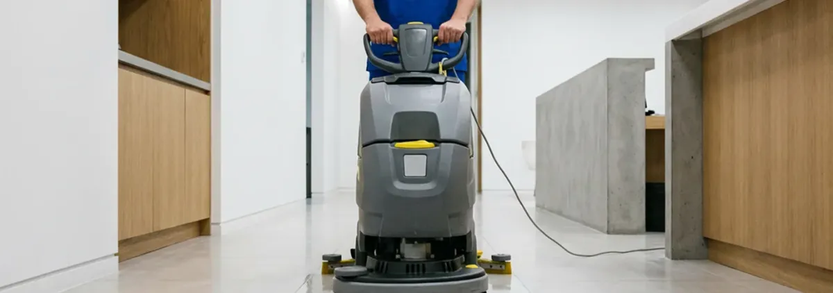 Janitorial staff using a floor scrubber machine to clean a commercial hallway, Springfield, MO.