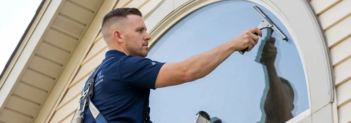 Professional window cleaner using a squeegee to clean an exterior arched window on a home, Springfield, MO.